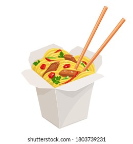 Takeaway carton wok box noodles with veggies and fried pork. Takeout carton food package with noodle. Cartoon vector illustration of traditional Chinese or Thai dish.