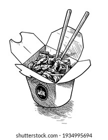 Cartón de recogida de fideos de la caja de wok con verduras y un icono del contorno del cerdo frito. Sacar el envase de cartón con fideos. Ilustración vectorial grabada del plato tradicional chino o tailandés. comida rápida