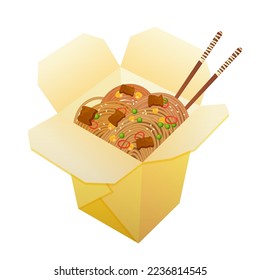 Takeaway carton wok box noodles with vegetables and fried meat. Asian food. Colorful vector illustration isolated on white background.