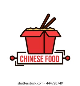 Takeaway Chinese Food Badge Of Red Paper Noodle Box With Wok Fried Noodles And Chopsticks. Use As Food Packaging Or Delivery Service Design. Thin Line Style