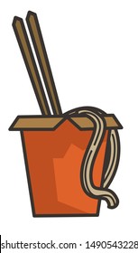 Takeaway Chinese food, noodles or ramen in box with chopsticks, wok meal isolated dish vector. Pastry snack in paper packaging, takeout service. Asian restaurant or street fastfood, Korean cuisine