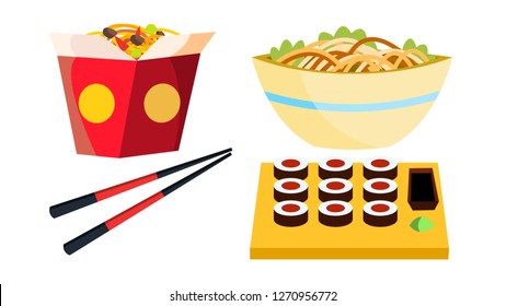 Takeaway Chinese Food Vector. Box Noodles. Chopsticks. Tasty Lunch Menu. Isolated Flat Cartoon Illustration