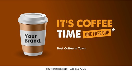 Takeaway Coffee ads banner vector, takeaway cup packaging with labels in 3D illustration vector design in brown background.