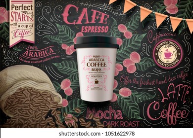 Takeaway coffee ads, paper cup package in 3d illustration on splendid chalkboard with coffee beans and plants in engraving style