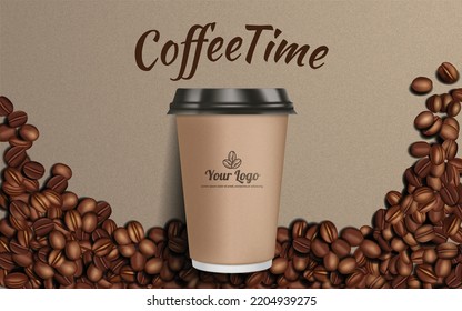 Takeaway coffee ads, paper cup package in 3d illustration with coffee beans on brown paper effect background.