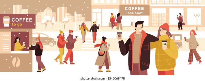 Take-away coffee banner template with cartoon characters. People walking around the city and drinking coffee to go, barista in take away kiosk giving coffee cup to man. Flat style,vector illustration.