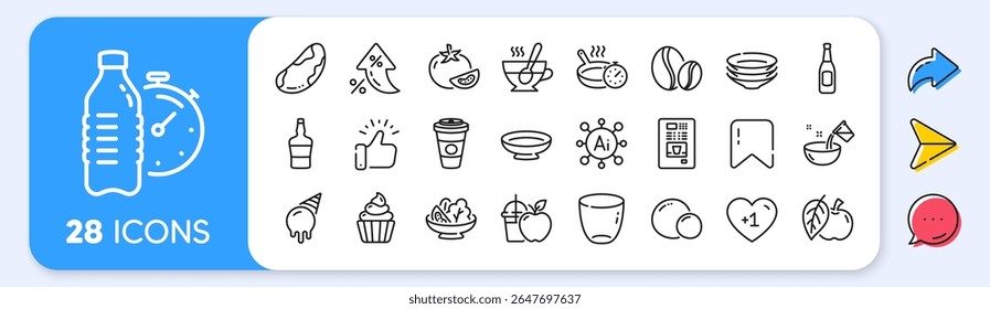 Takeaway coffee, Beer and Scotch bottle line icons. Interest rate, AI generate, Inflation icons. Pack of Coffee beans, Glass, Ice cream icon. Cooking water, Fitness water, Tea cup pictogram. Vector