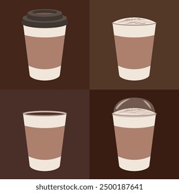 Takeaway coffee, cappuccino, iced coffee, black coffee, latte, mocha. Coffee collection vector illustration.