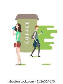 Takeaway coffee concept. A young guy and a girl are walking with a cup of coffee in hand. Color vector illustration in a flat style with people and a drink.