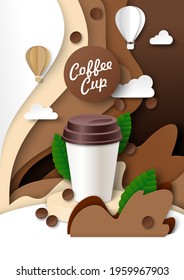 Takeaway coffee cup ads template, vector illustration. Blank plastic disposable cup realistic mockup, paper cut coffee splashes and beans.