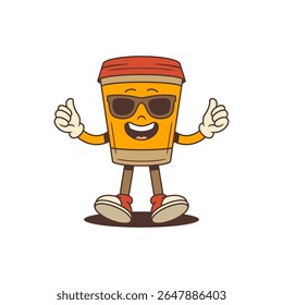 Takeaway coffee cup character in sunglasses smiling and giving double thumbs up in retro cartoon style. Suitable for coffee shop branding, ads and social media marketing. Isolated vector illustration