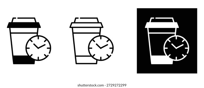 Kaffeetasse zum Mitnehmen mit Uhrensymbolsatz. Schnelle Kaffeepause, Lieferzeit, Express-Coffein-Service-Konzepte.