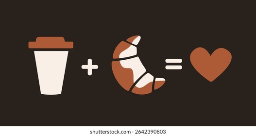 Takeaway coffee cup and croissant icon with heart symbol on dark background. Flat vector illustration.