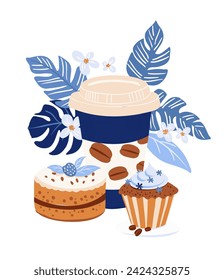 Takeaway Coffee Cup with cupcake and blueberry pie in Blue Tropical Theme for Food and Beverage Marketing. Pastel Blue and Beige. Vector flat design Illustration