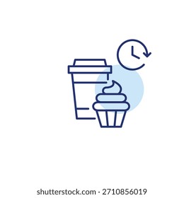 Taza de café para llevar, cupcake y reloj. Tiempo de descanso, desayuno y aperitivos en la cafetería. Icono de Vector de trazo perfecto y editable
