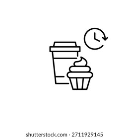 Takeaway coffee cup, cupcake and clock. Break time, breakfast and snacks at cafe. Pixel perfect, editable stroke vector icon