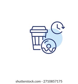 Taza de café para llevar, donut y reloj. Tiempo de descanso, desayuno y aperitivos en la cafetería. Icono de Vector de trazo perfecto y editable