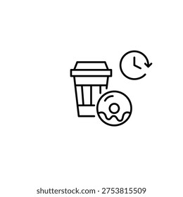 Takeaway coffee cup, donut and clock. Break time, breakfast and snacks at cafe. Pixel perfect, editable stroke vector icon