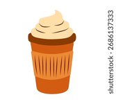 Takeaway Coffee Cup. Hot coffee drink with whipped cream. Great for cafe, autumn comfort, hygge, and seasonal drink menus. Vector illustration