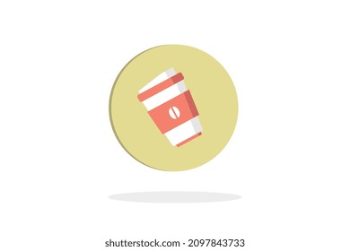 Takeaway coffee cup icon in yellow circle on white background with shadow below, vector size illustration.