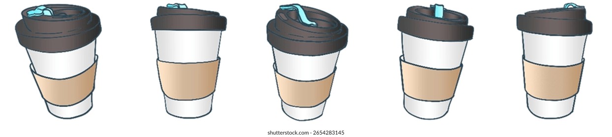 Takeaway Coffee Cup Illustration with Blue Lid and Sleeve — Minimal Hand-drawn Style