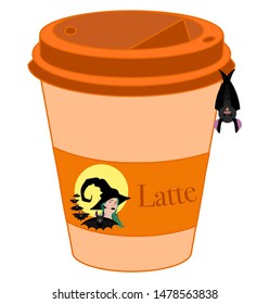 Takeaway coffee cup illustration, halloween design, witch and bats autumn hot beverage seasonal vector art