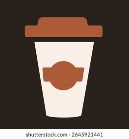 Takeaway coffee cup with lid and label on dark background. Flat vector illustration. Hot drink and beverage container concept