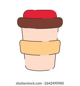 The takeaway coffee cup is light beige with a darker beige stripe in the middle, and the lid is red.