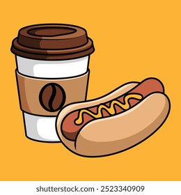 Takeaway Coffee Cup and Mustard Hot Dog Illustration