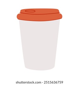 Takeaway coffee cup. Take-away paper mug covered with plastic lid, cap. Takeout cafe beverage, drink to go in disposable cardboard container. Flat vector illustration isolated on white background