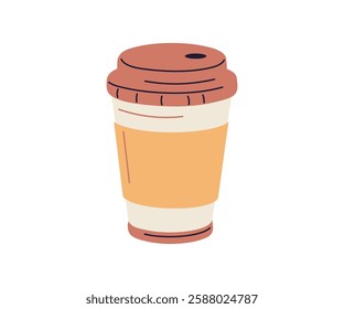 Takeaway coffee cup. Take-away paper mug covered with plastic lid, cap. Takeout cafe beverage, drink to go in disposable cardboard container. Flat vector illustration isolated on white background