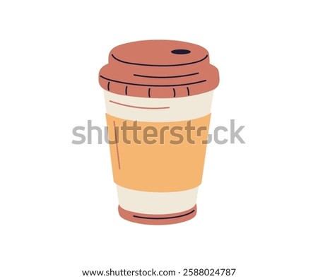 Takeaway coffee cup. Take-away paper mug covered with plastic lid, cap. Takeout cafe beverage, drink to go in disposable cardboard container. Flat vector illustration isolated on white background