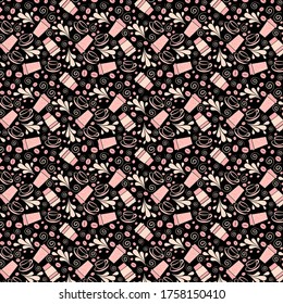 Takeaway coffee cup pattern, vector coffee pattern for fabric design, black background with coffee glass and mugs.