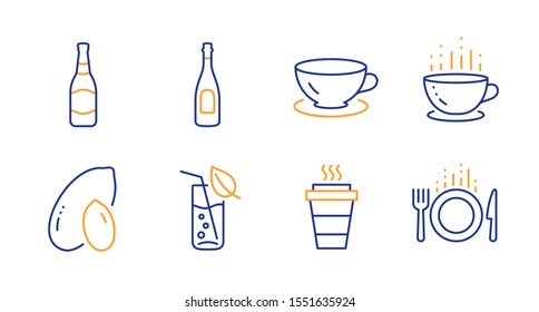 Takeaway, Coffee cup and Peanut line icons set. Water glass, Espresso and Champagne signs. Beer bottle, Food symbols. Takeout coffee, Hot drink. Food and drink set. Line takeaway icon. Vector