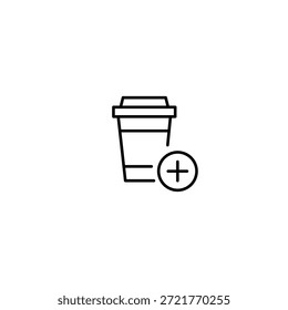 Taça de café e símbolo de mais. Adicionando bebidas à ordem, novas posições de menu. Pixel perfeito, ícone de vetor de traçado editável