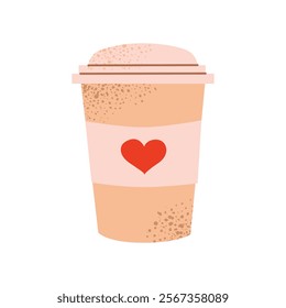 Takeaway coffee cup with a red heart symbol. Perfect for Valentine's Day designs, cozy winter themes, and festive decorations. Flat vector illustration isolated on white background.