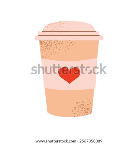 Takeaway coffee cup with a red heart symbol. Perfect for Valentine's Day designs, cozy winter themes, and festive decorations. Flat vector illustration isolated on white background.