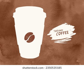 Takeaway coffee cup silhouette on watercolor background with hand drawn scribble banner