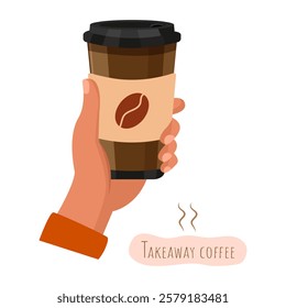 A takeaway coffee cup in your hand. Disposable plastic or paper cup with black lid. Hot coffee for takeaway. Vector illustration on white background