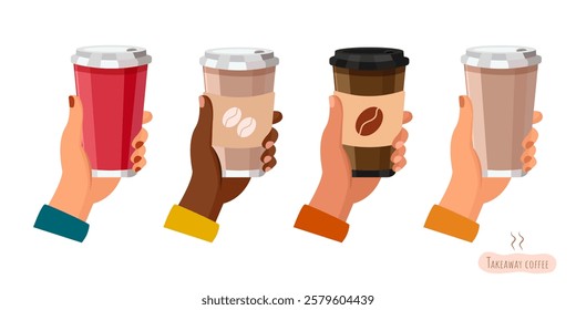 A takeaway coffee cup in your hand. Hands holding cup Disposable plastic or paper cup with lid. Hot coffee, tea or takeaway drink. Vector illustration on white background