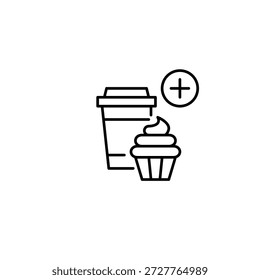 Café para llevar y cupcake. Añadir postre o merienda a la comida. Icono de Vector de trazo perfecto y editable