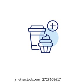 Café para llevar y cupcake. Añadir postre o merienda a la comida. Icono de Vector de trazo perfecto y editable