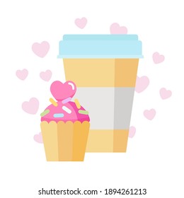 Takeaway coffee with cupcake and hearts. Valentine's day design in flat style. Vector illustration