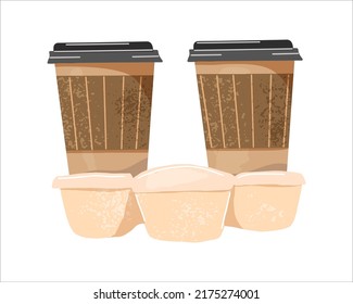 Takeaway coffee cups in cardboard container. Two hot drinks in carton mugs with plastic lids. Americano take away, coffee takeout, tea to go. Vector illustration isolated on white background