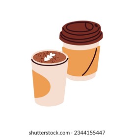 Takeaway coffee cups. Take-away hot drink in disposable paper cardboard mugs to go, covered with lid. Takeout morning beverage, cappuccino. Flat vector illustration isolated on white background