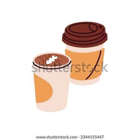 Takeaway coffee cups. Take-away hot drink in disposable paper cardboard mugs to go, covered with lid. Takeout morning beverage, cappuccino. Flat vector illustration isolated on white background