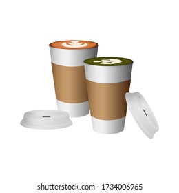 Takeaway coffee cups, Hot green tea latte and Hot latte coffee in white paper cups and whit lids