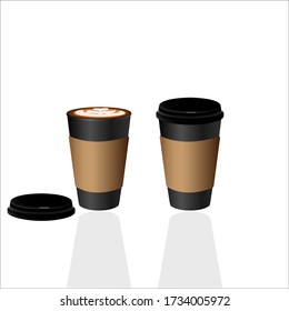 Takeaway coffee cups, Hot latte coffee and Hot cappuccino in black paper cups
