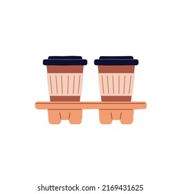 Takeaway Coffee Cups Inside Carton Holder, Container. Cardboard Mugs Covered With Lids For Hot Drinks. Two Takeout Tea, Take Away Coffe. Flat Vector Illustration Isolated On White Background