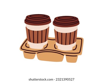 Takeaway coffee cups on tray to carry. Takeout hot drinks to go in paper mugs with lids and sleeves, zarf. Take-away tea and coffe on holder. Flat vector illustration isolated on white background